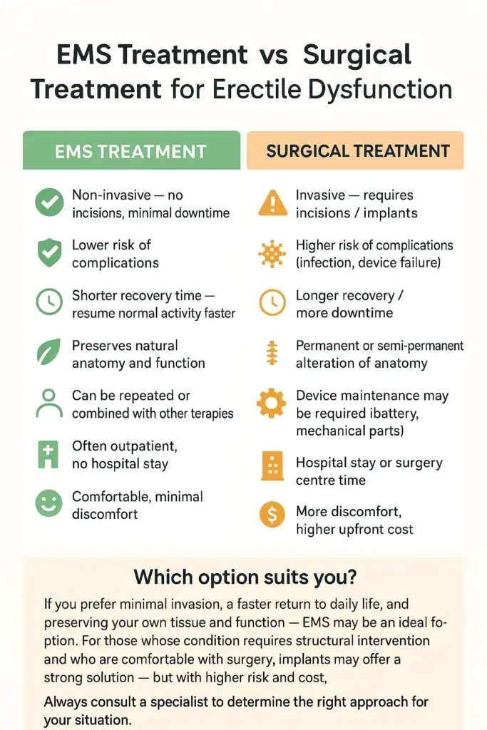 A table showing the benefits of EMS chair for erectile dysfunction treatment Southampton compared to surgery.