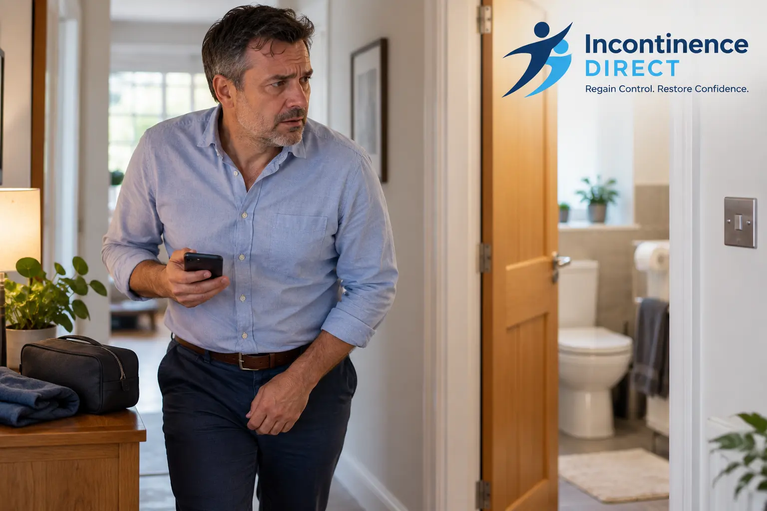 Worried Man Near Open Bathroom affected from faecal incontinence safety tips from incontinence direct Southampton