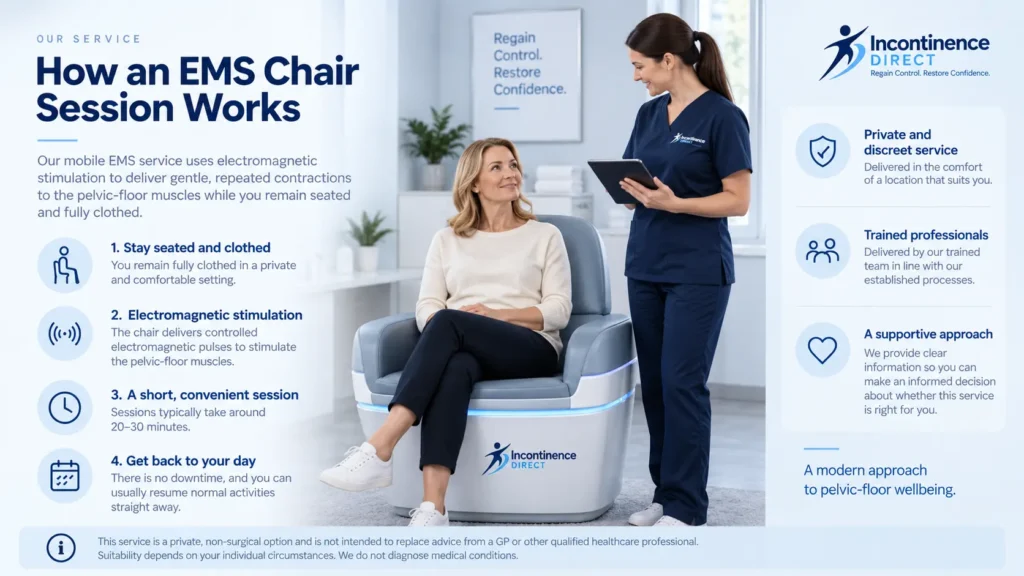 how ems chair session works at incontinence direct Southampton a detailed infographics for the incontinence process
